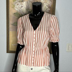 Madewell Neat Stripe Dried Coral V-Neck Peplum Popover 100%Viscose Top Sz XS NWT